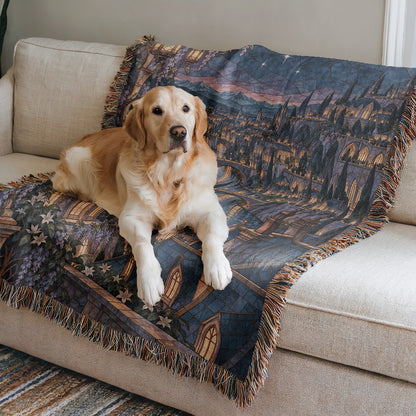 Velaris Rooftop Woven Throw Blanket on a sofa with a dog