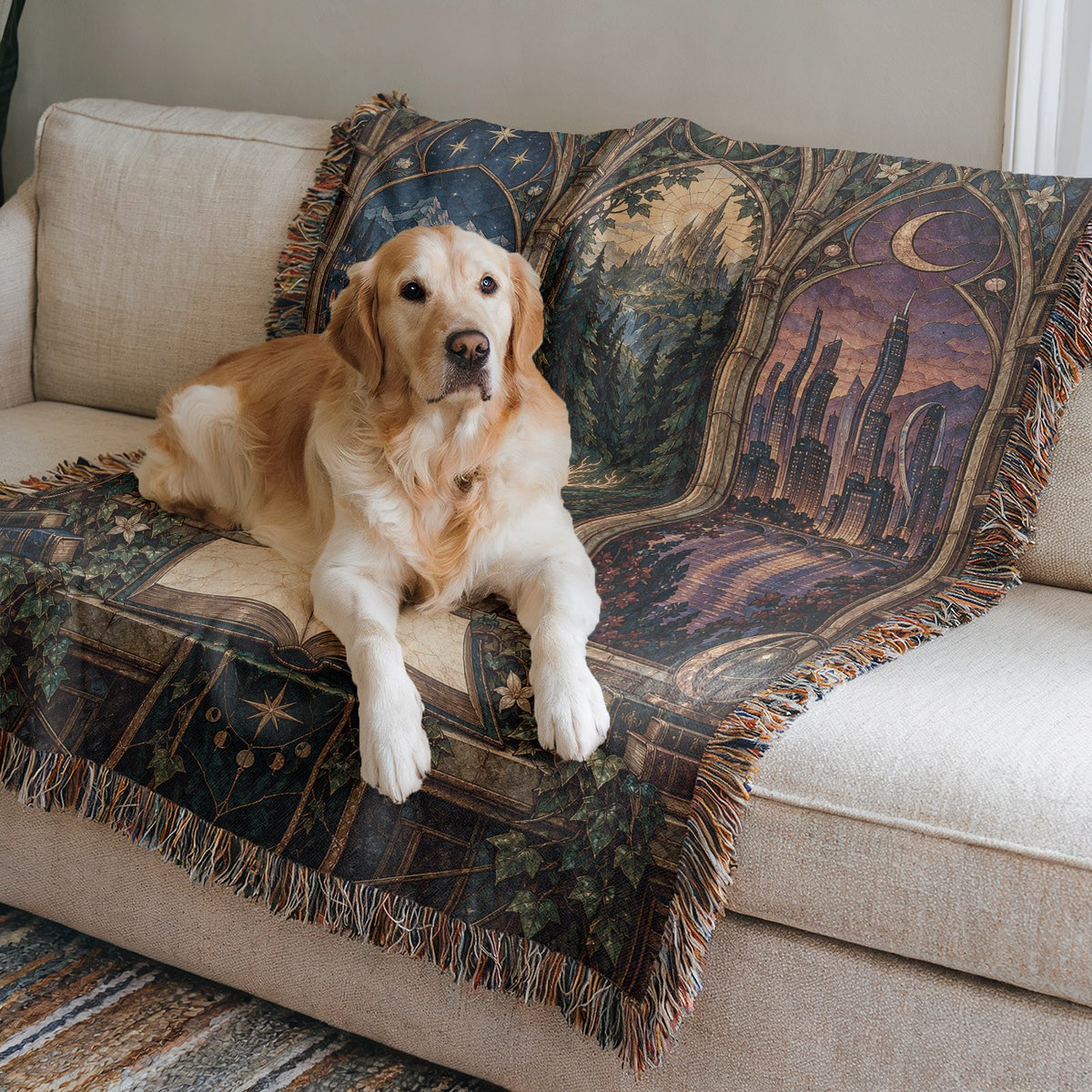 Maasverse Realms Woven Throw Blanket on a sofa with a dog