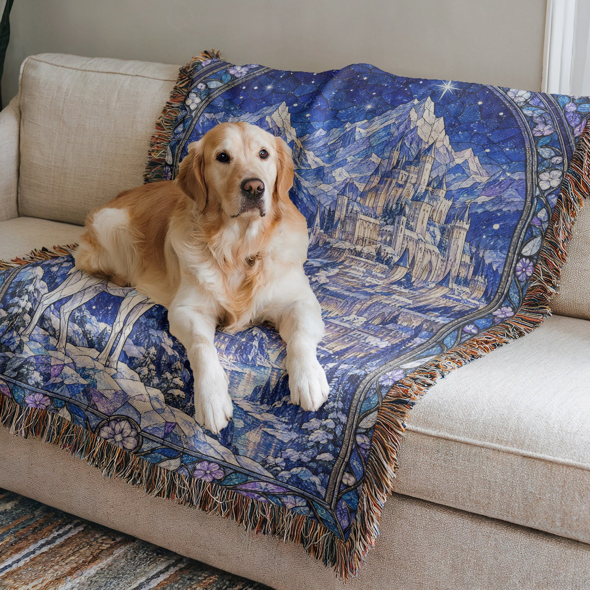 Orynth in Winter Stained Glass Woven Throw Blanket on a sofa with a dog