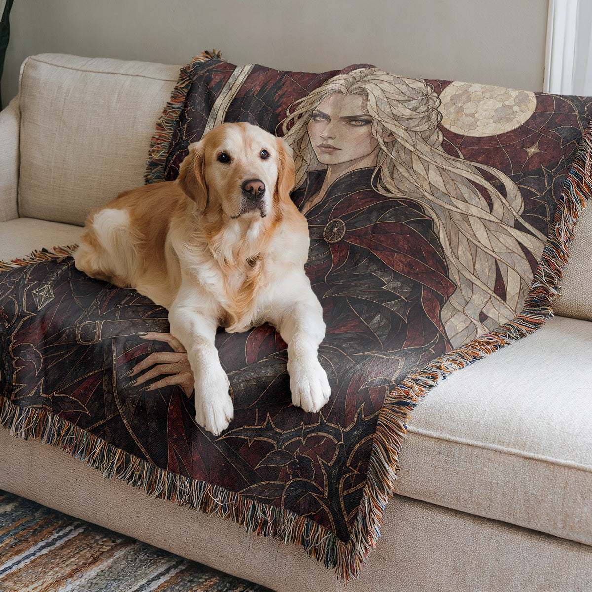 Iron Queen Woven Throw Blanket on a sofa with a dog