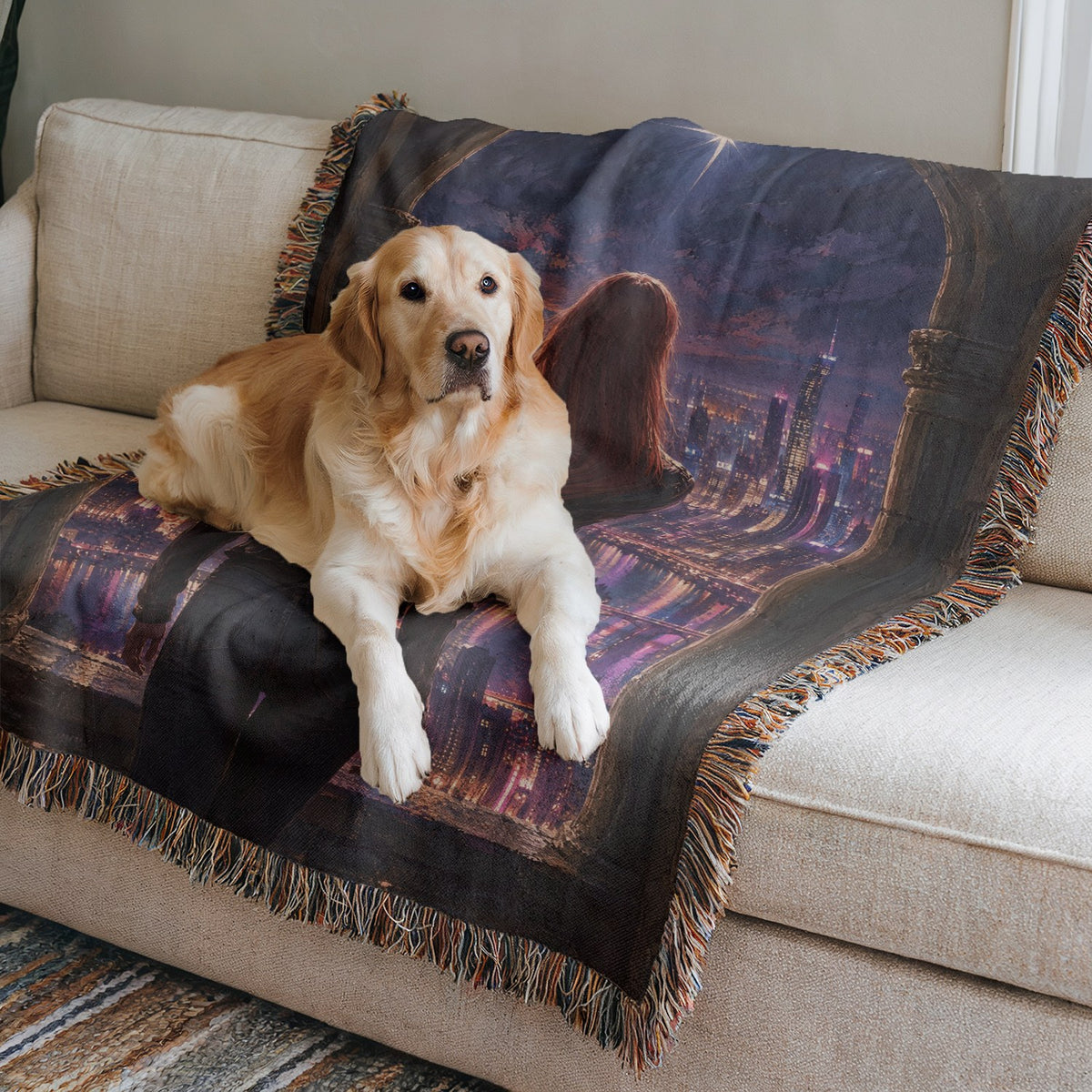 Bryce over Lunathion Woven Throw Blanket on a sofa with a dog