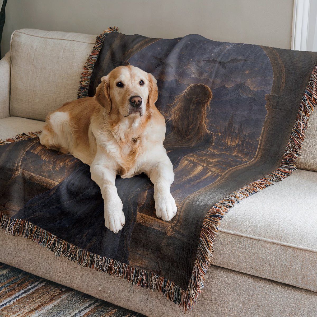 Feyre over Velaris Woven Throw Blanket on a sofa with a dog