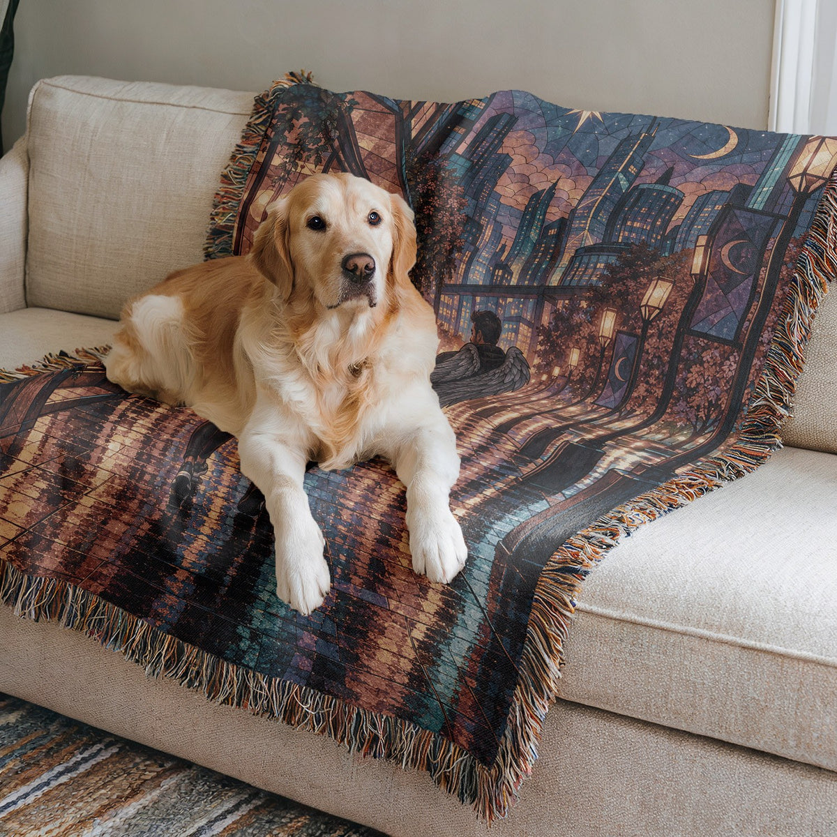 Lunathion Woven Throw Blanket on a sofa with a dog