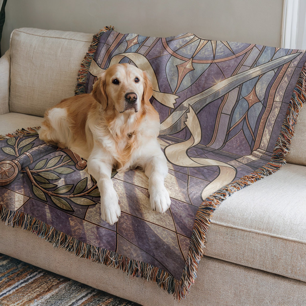Radiant Blade Woven Throw Blanket on a sofa with a dog