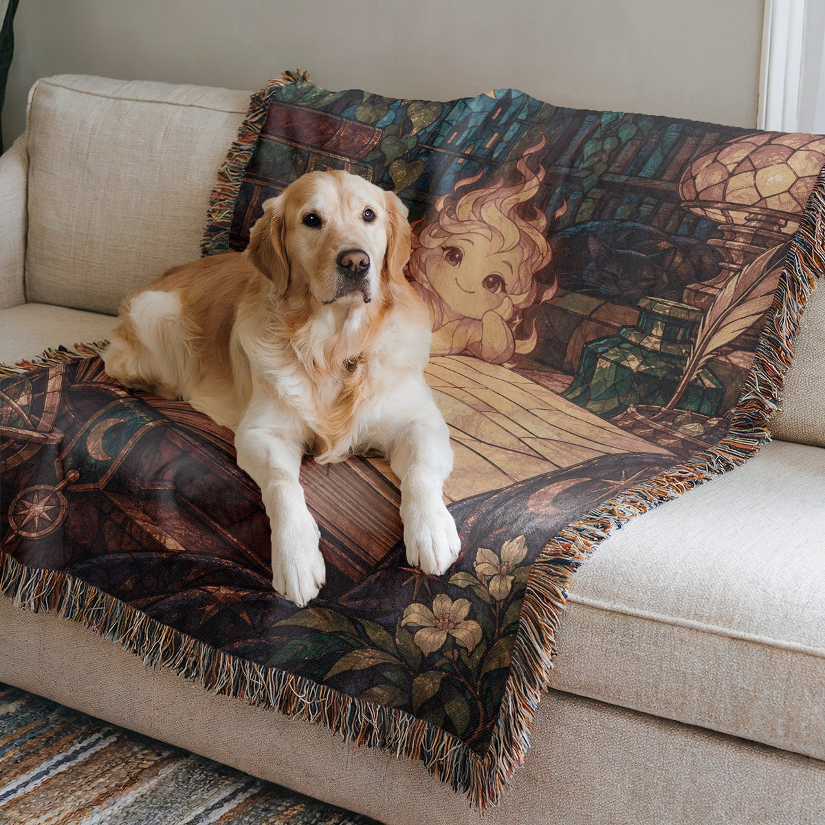 Ember Woven Throw Blanket on a sofa with a dog