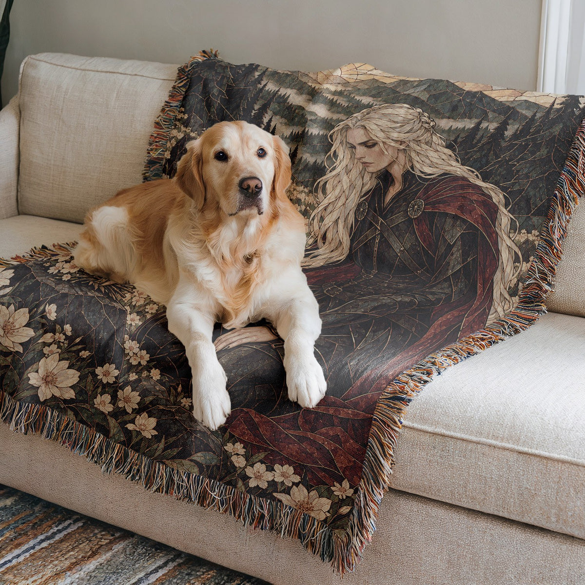 Flowers for the Fallen Woven Throw Blanket on a sofa with a dog
