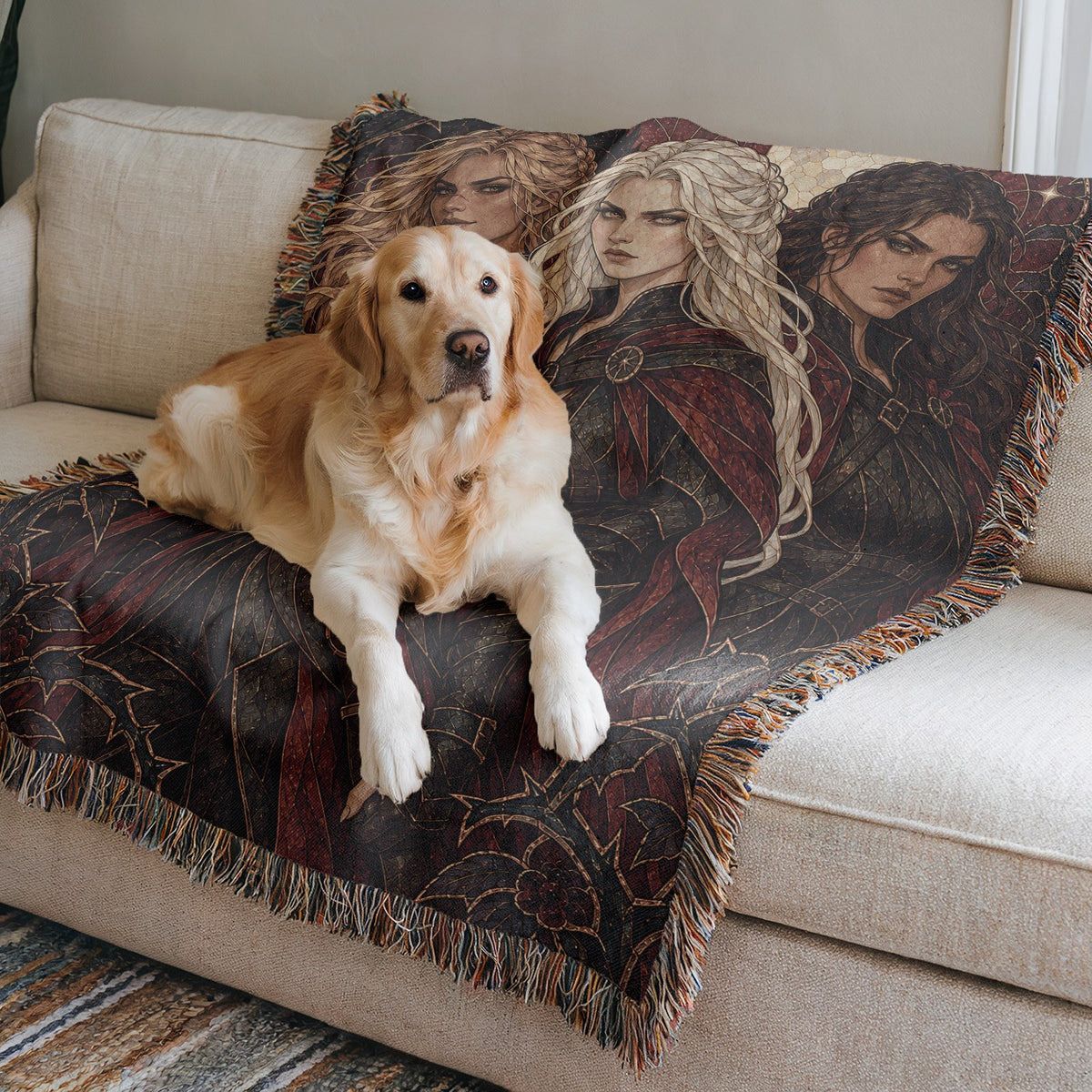Ice, Fire, and Stone Woven Throw Blanket on a sofa with a dog