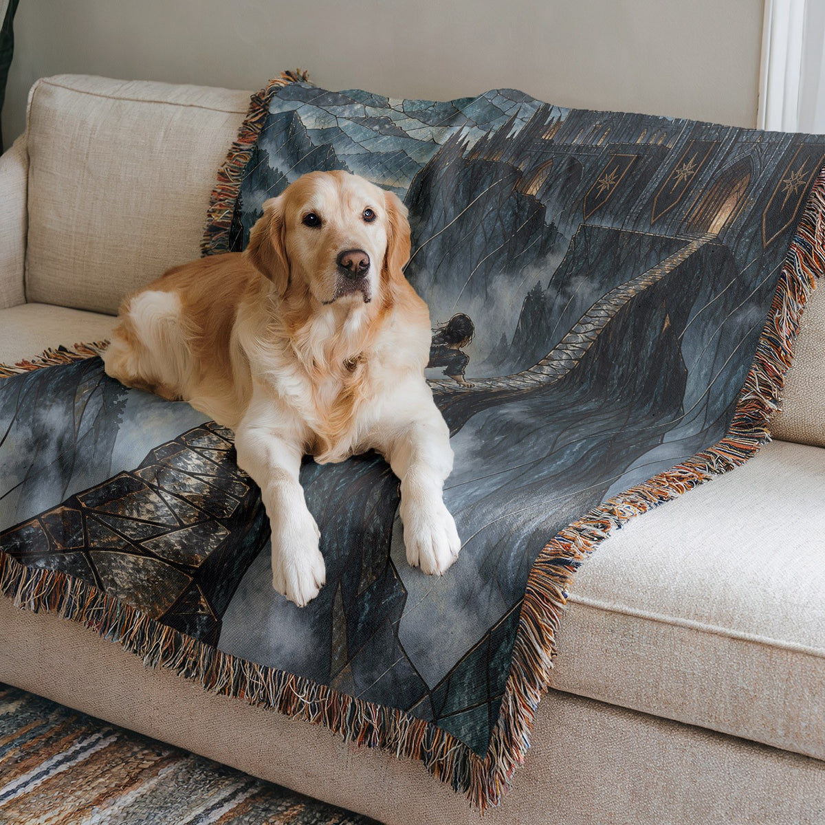 Parapet Woven Throw Blanket on a sofa with a dog