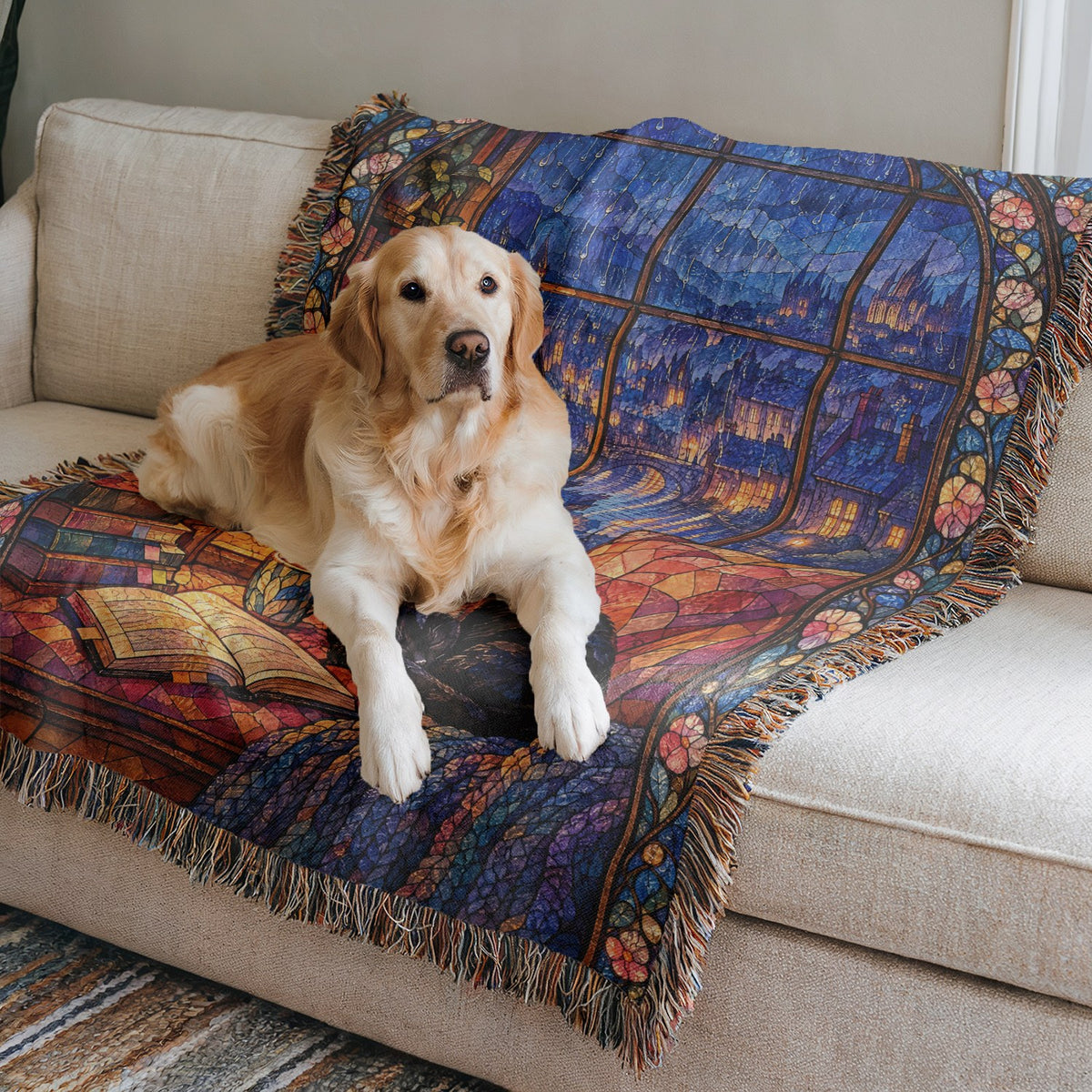 The Reader's Window Stained Glass Woven Throw Blanket on a sofa with a dog