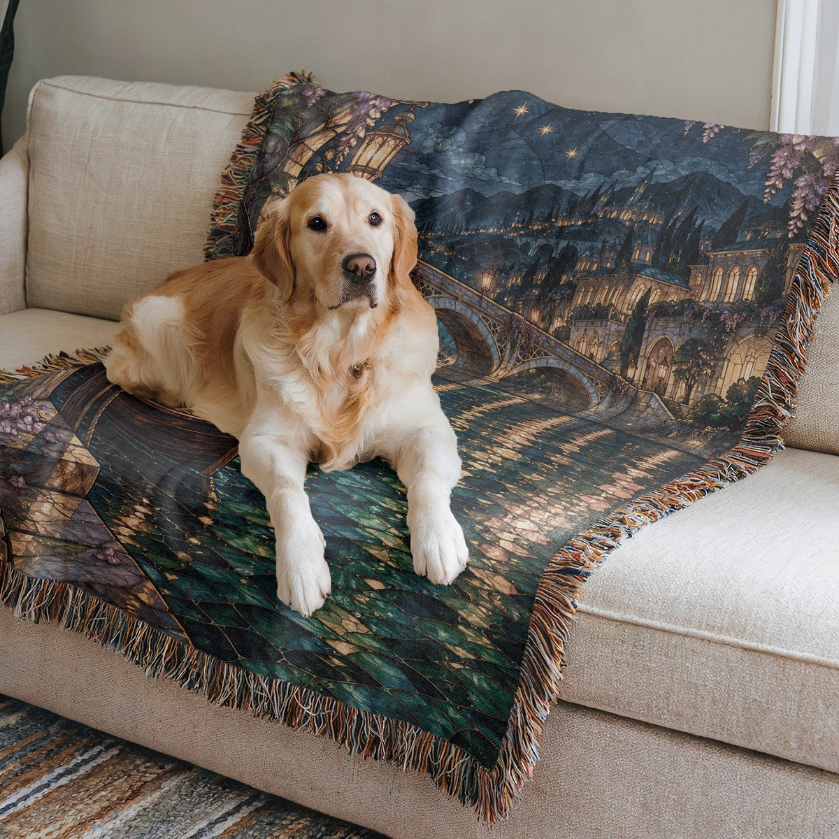 Velaris Woven Throw Blanket on a sofa with a dog