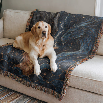 Dragon Bond Woven Throw Blanket on a sofa with a dog