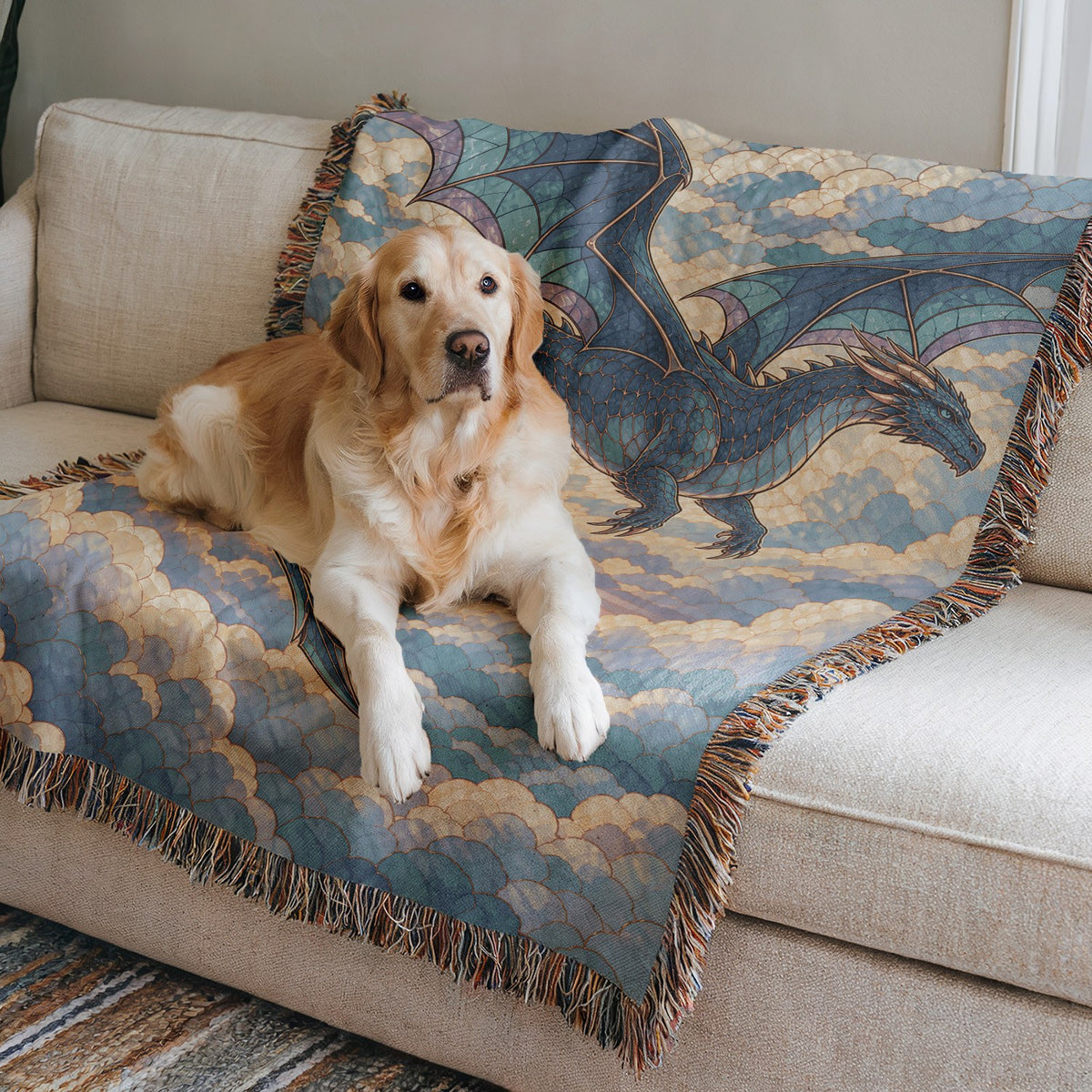 Sgaeyl Dragon Woven Throw Blanket on a sofa with a dog
