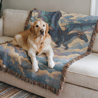 Sgaeyl Dragon Woven Throw Blanket on a sofa with a dog