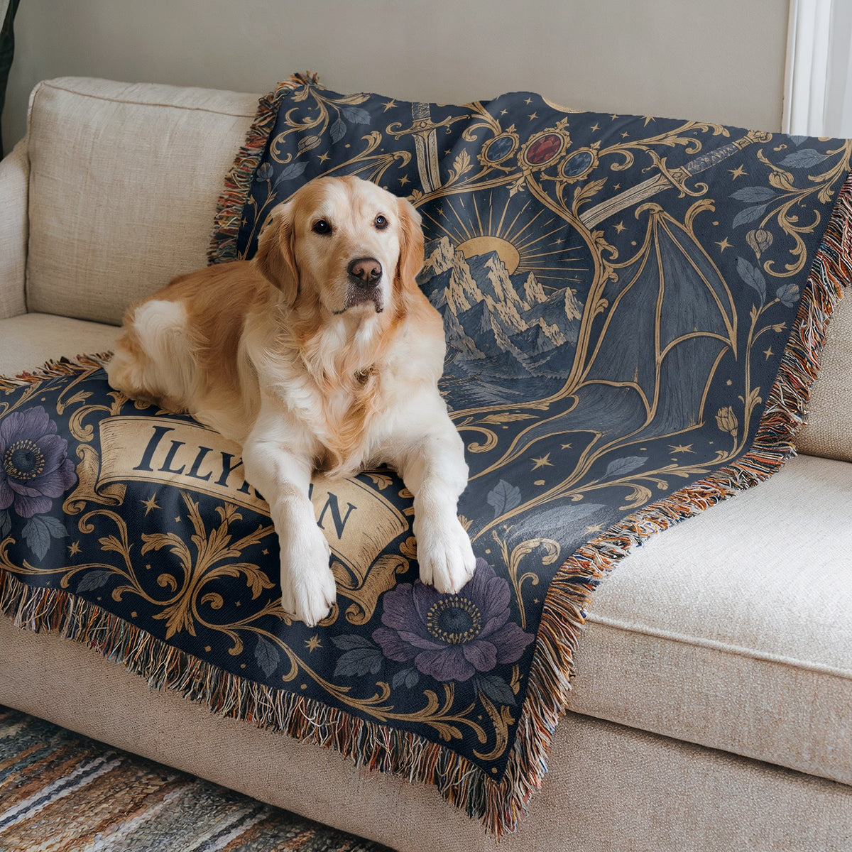 Illyrian Crest Woven Throw Blanket on a sofa with a dog