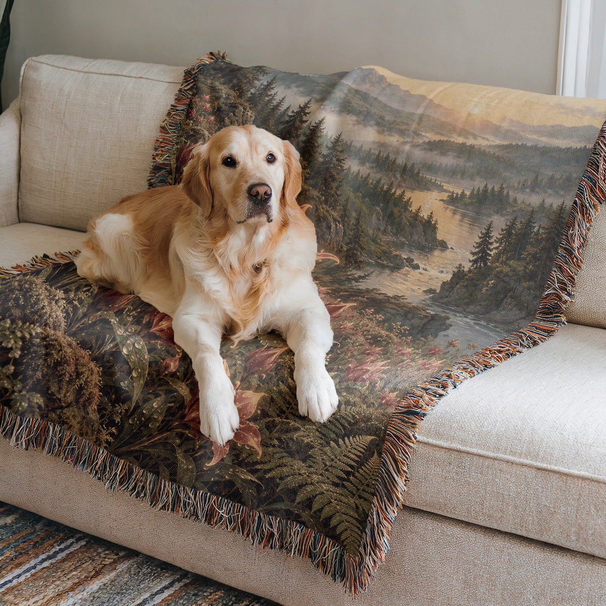 Kingsflame Woven Throw Blanket on a sofa with a dog