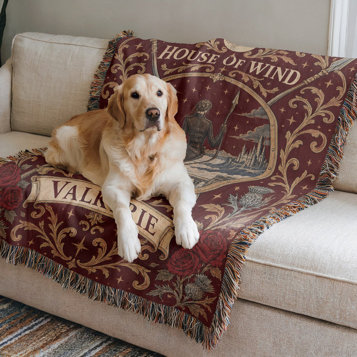 Valkyrie House of Wind Crest Woven Throw Blanket on a sofa with a dog