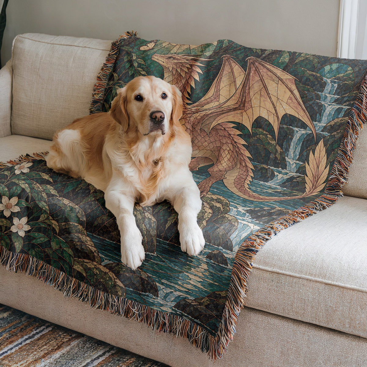 Gold Andarna Woven Throw Blanket on a sofa with a dog