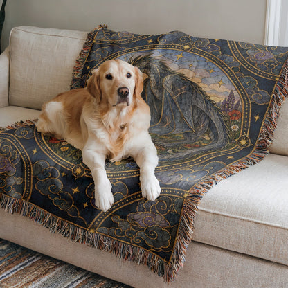 Abraxos in Bloom Stained Glass Woven Throw Blanket on a sofa with a dog
