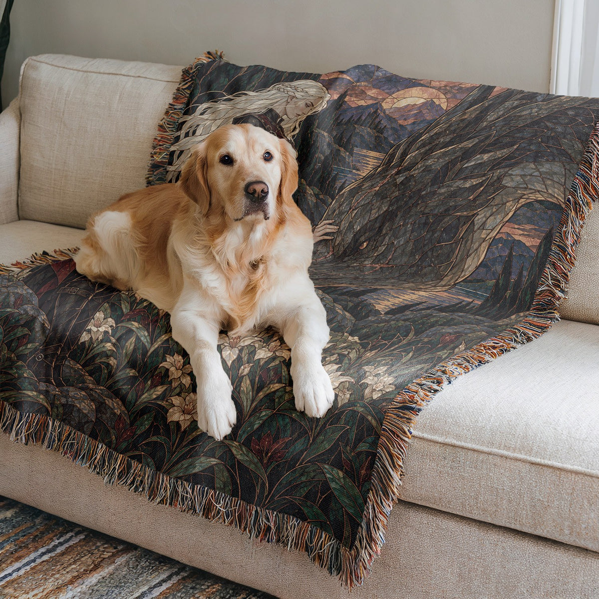 Wildflower Truce Woven Throw Blanket on a sofa with a dog