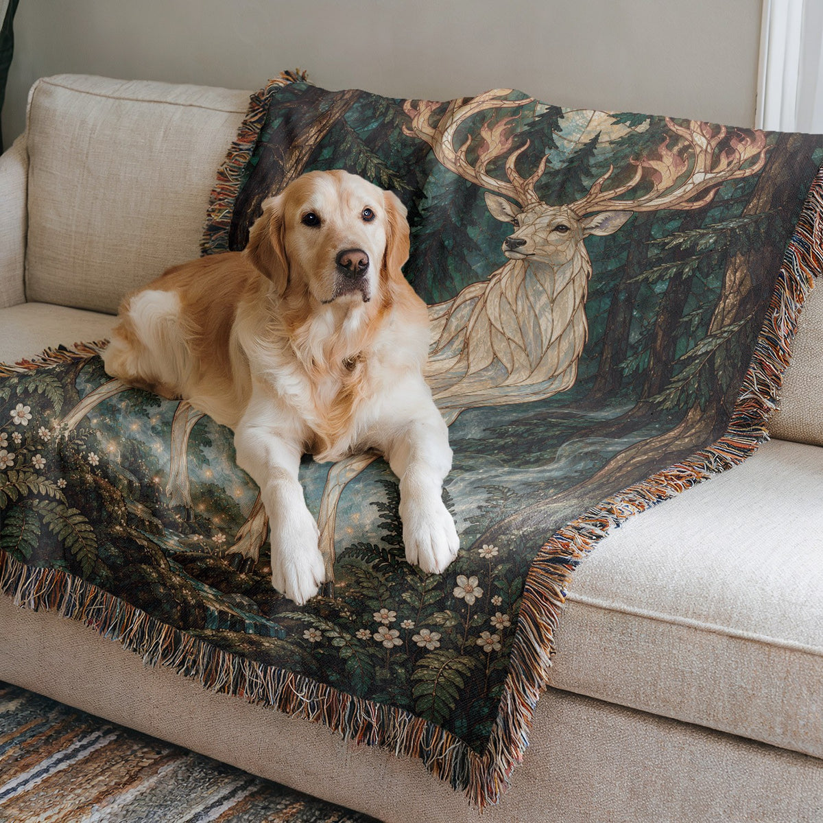 Terrasen Stag Woven Throw Blanket on a sofa with a dog