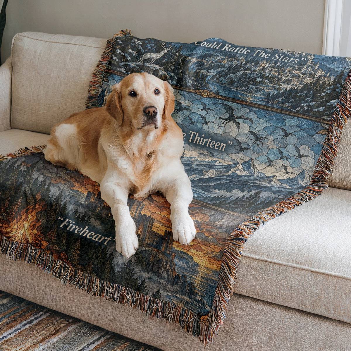 Terrasen Stained Glass Woven Throw Blanket on a sofa with a dog
