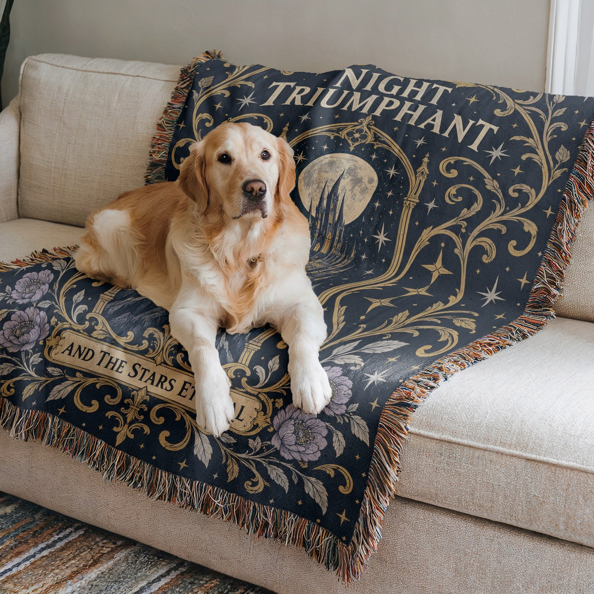 Night Triumphant Crest Woven Throw Blanket on a sofa with a dog