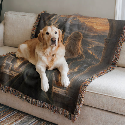 Aelin on the Walls of Orynth Woven Throw Blanket on a sofa with a dog