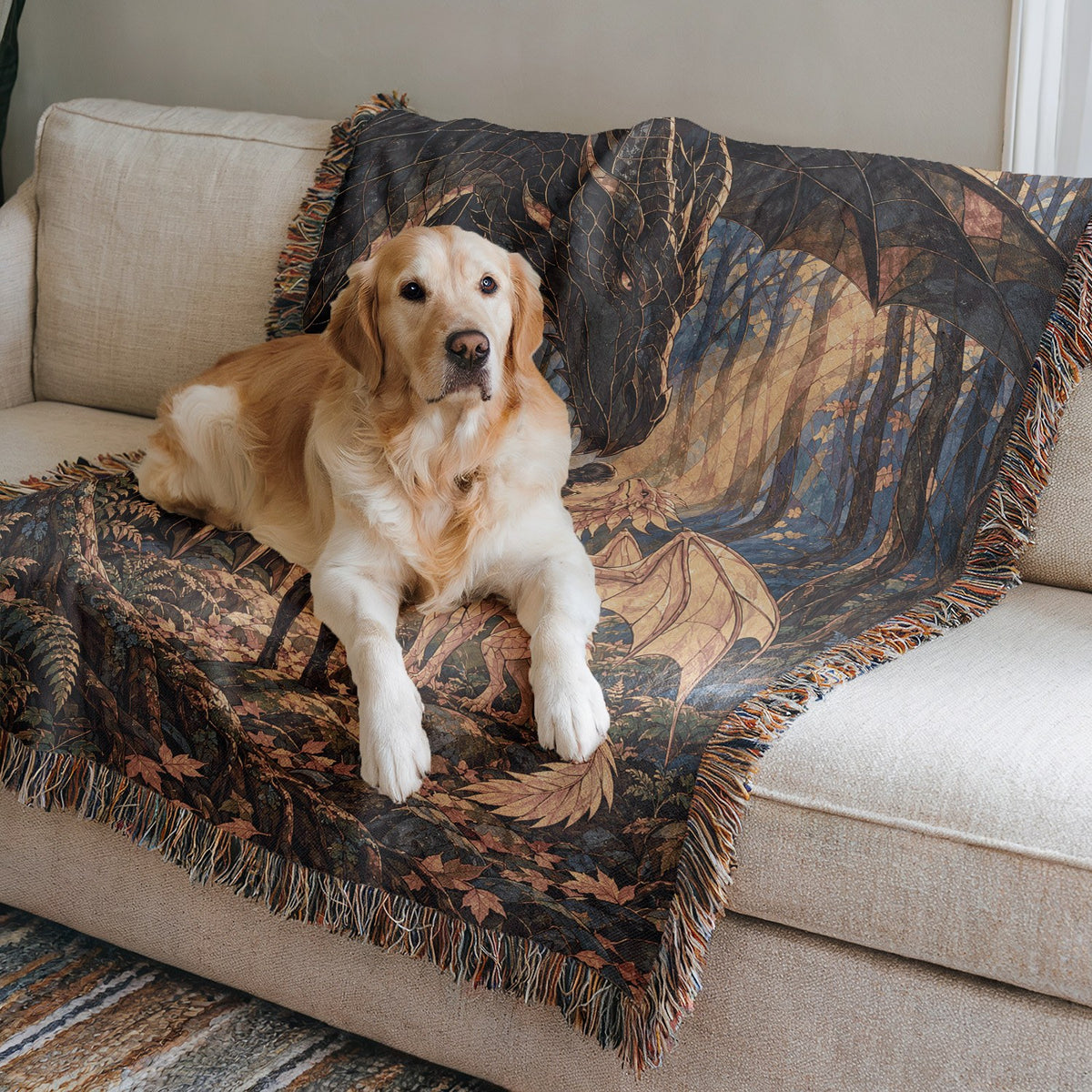 Three Bonds Woven Throw Blanket on a sofa with a dog