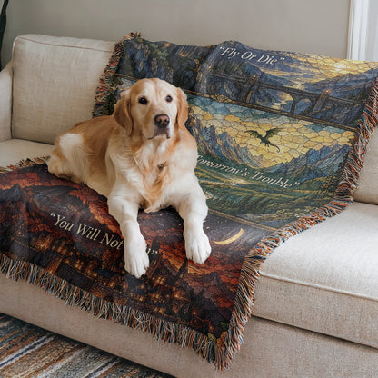 Empyrean Stained Glass Woven Throw Blanket on a sofa with a dog