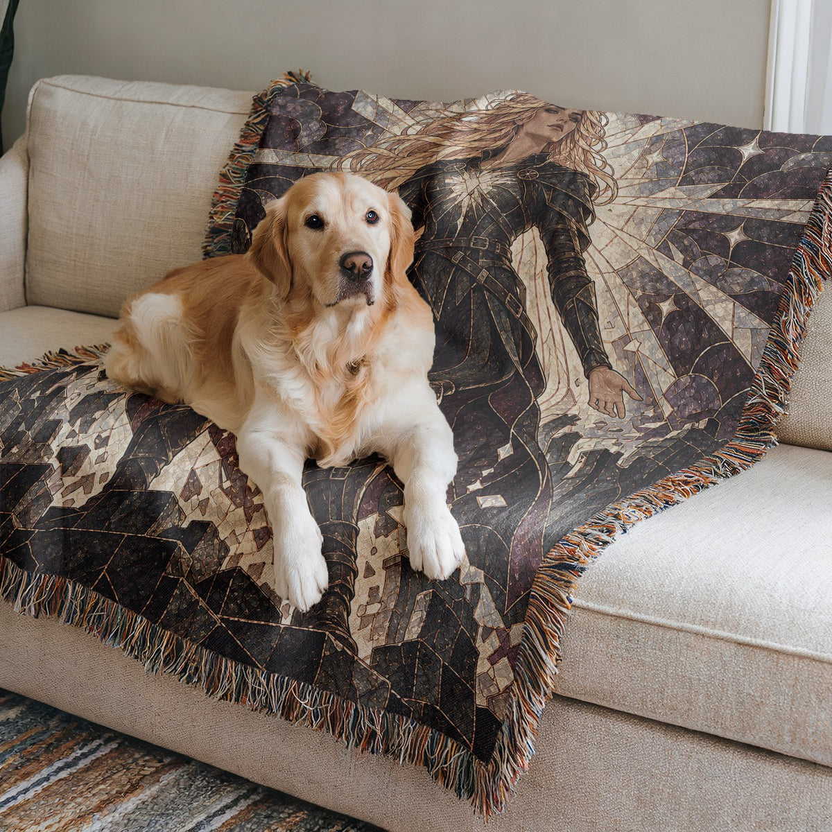 Asterin's Yielding Woven Throw Blanket on a sofa with a dog