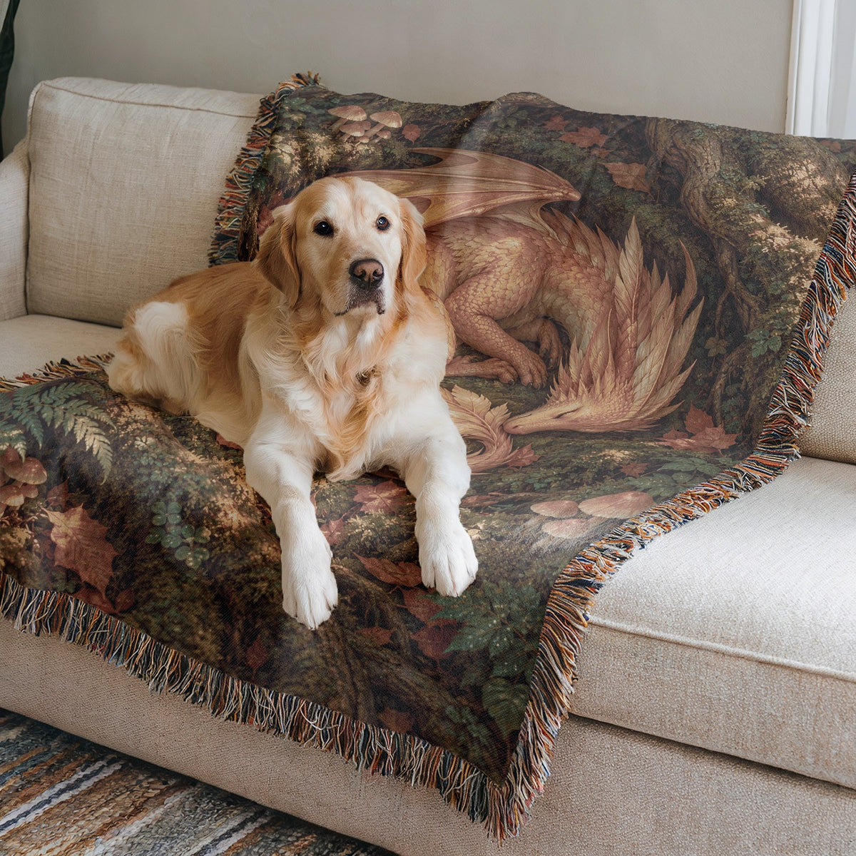 Golden Dragon Woven Throw Blanket on a sofa with a dog