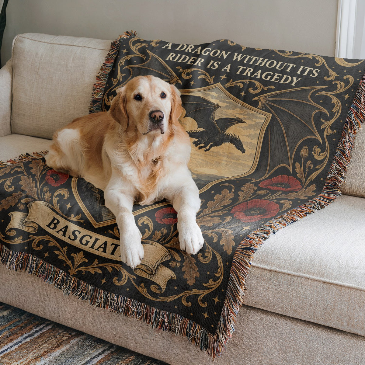 Basgiath Dragon Rider Crest Woven Throw Blanket on a sofa with a dog