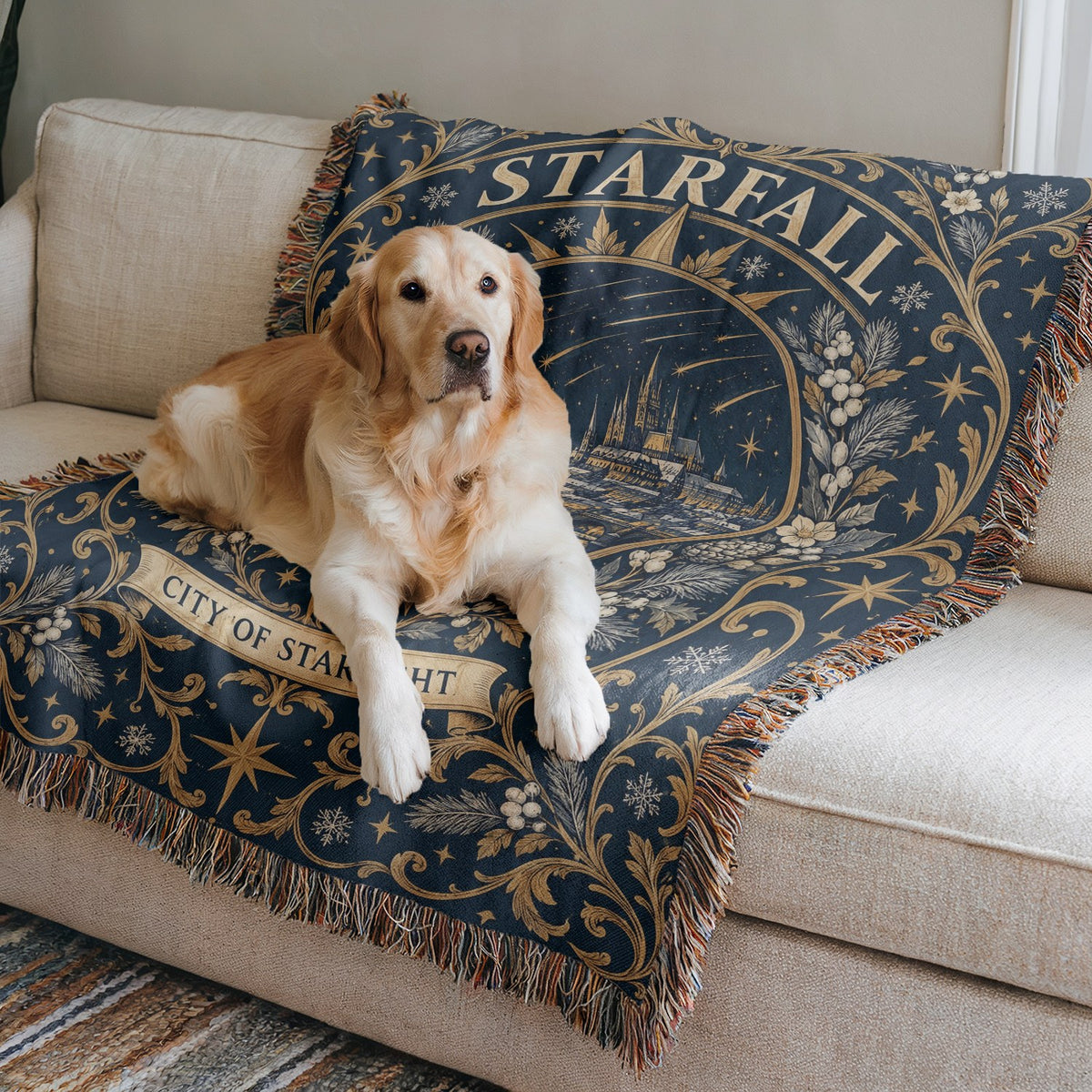 Starfall City of Starlight Crest Woven Throw Blanket on a sofa with a dog