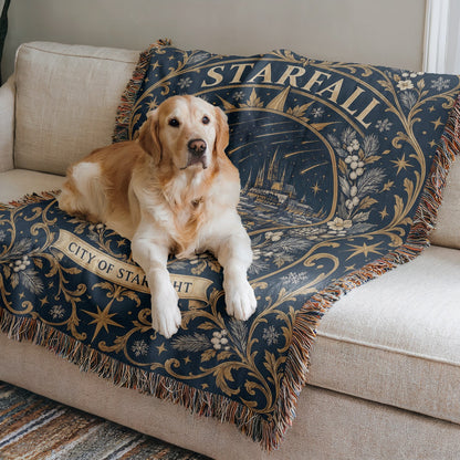 Starfall City of Starlight Crest Woven Throw Blanket on a sofa with a dog