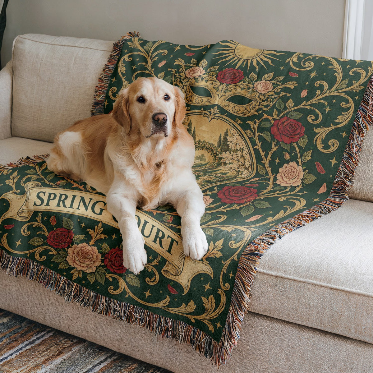Spring Court Masquerade Crest Woven Throw Blanket on a sofa with a dog