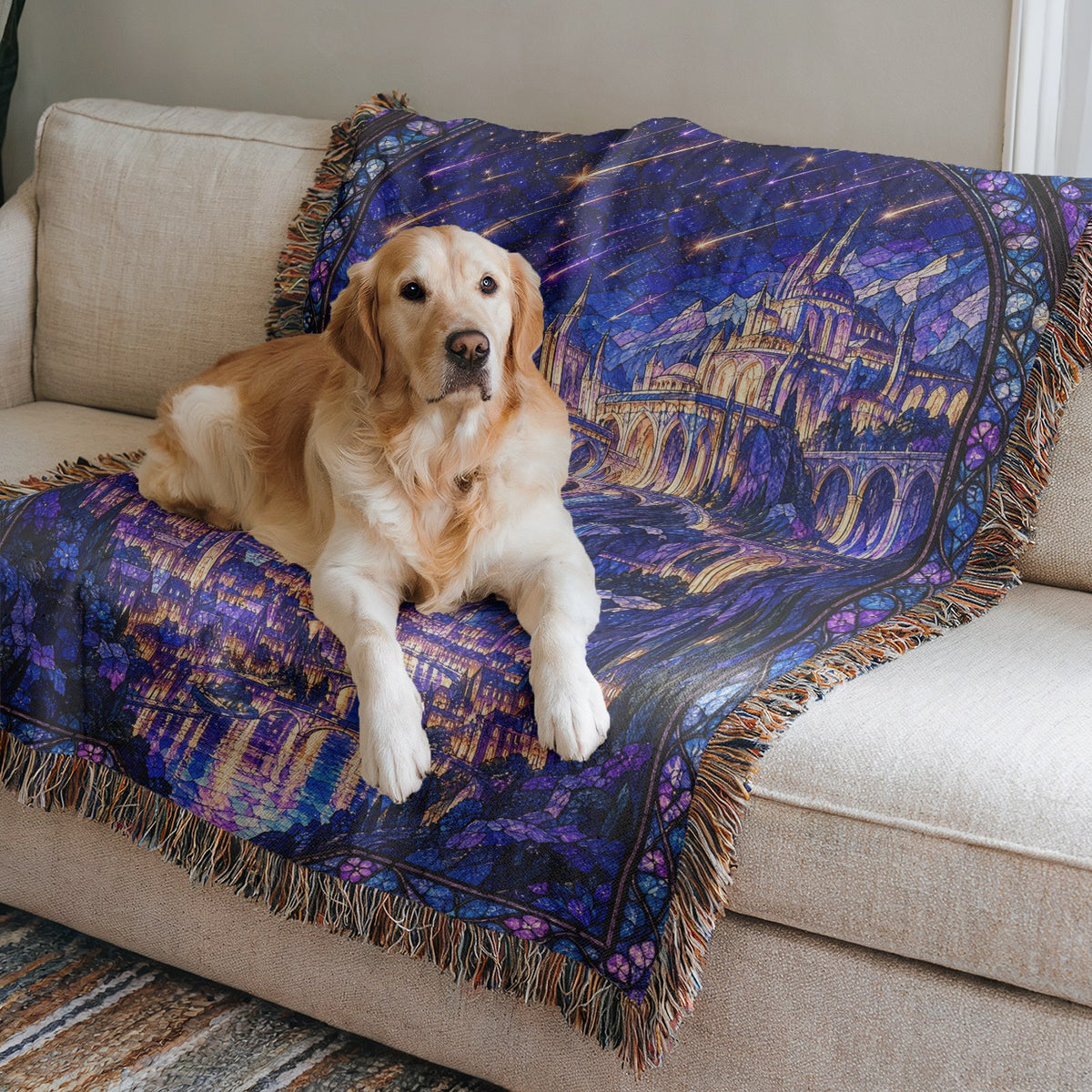 Starfall over Velaris Stained Glass Woven Throw Blanket on a sofa with a dog