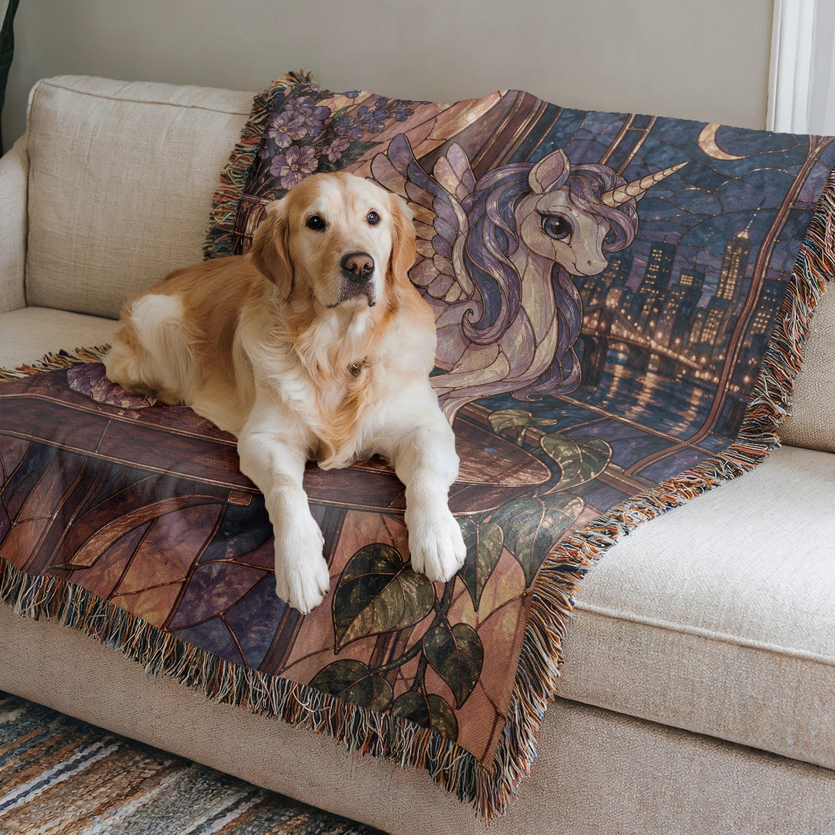 Pegasus Woven Throw Blanket on a sofa with a dog