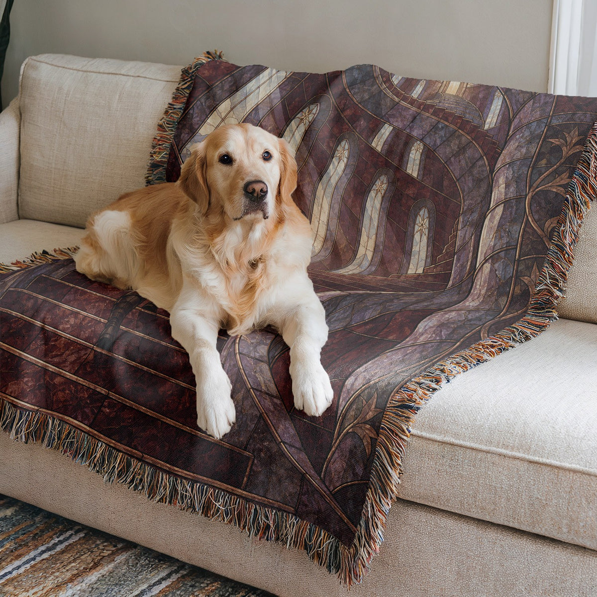 Nesta's Staircase Woven Throw Blanket on a sofa with a dog