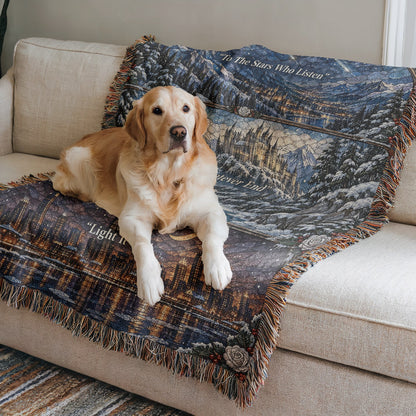 Winter Maasverse Stained Glass Woven Throw Blanket on a sofa with a dog