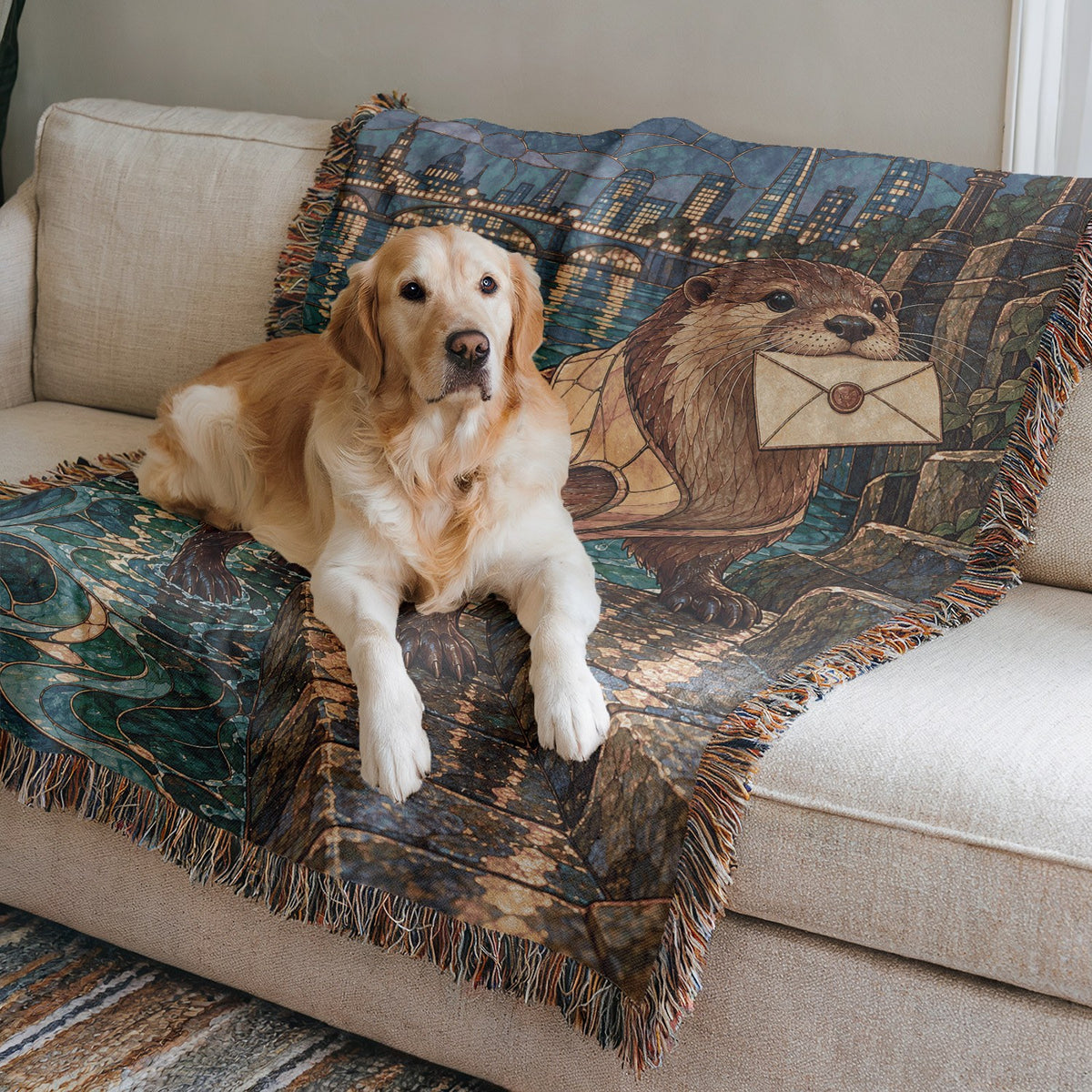 Otter Woven Throw Blanket on a sofa with a dog