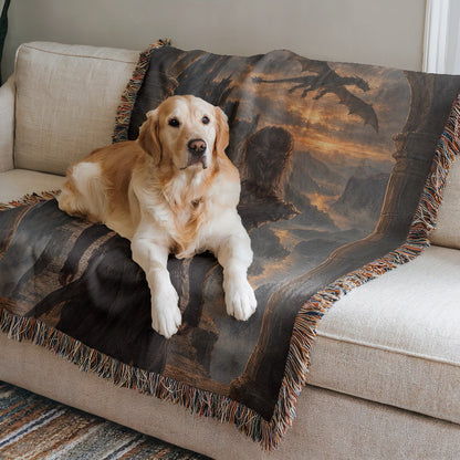 Violet at the Parapet Woven Throw Blanket on a sofa with a dog