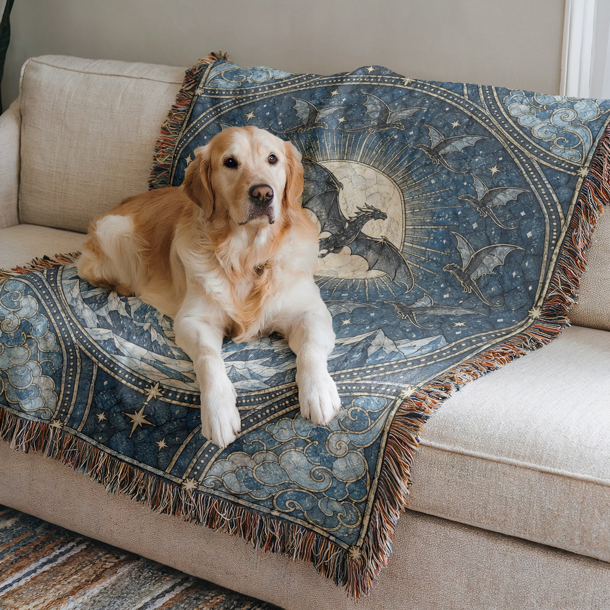 The Thirteen Stained Glass Woven Throw Blanket on a sofa with a dog