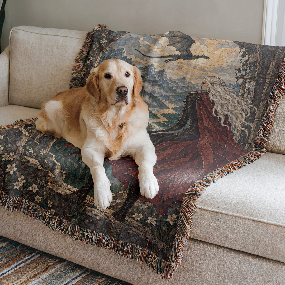 Wyvern at the Mountain Pass Woven Throw Blanket on a sofa with a dog