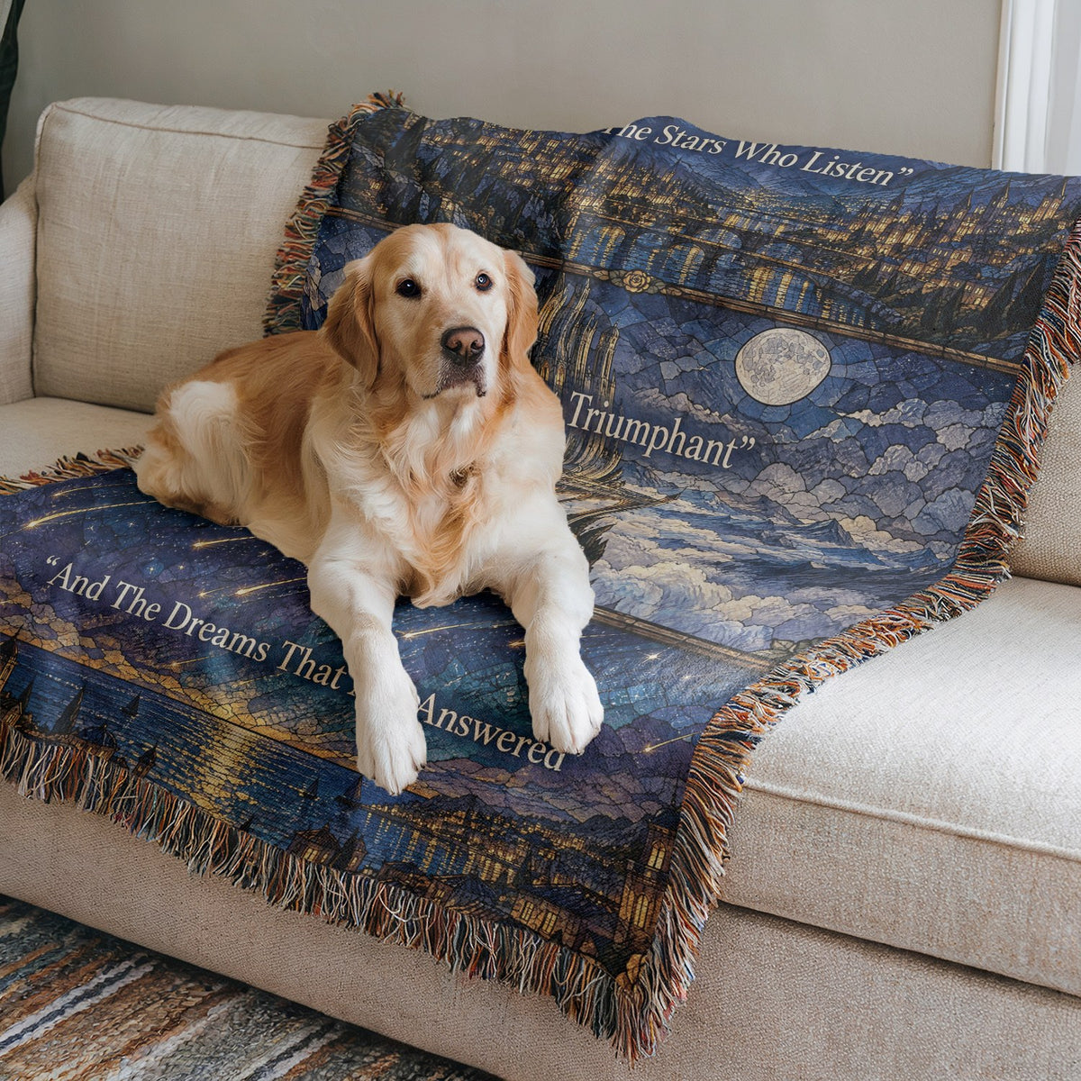 Night Court Stained Glass Woven Throw Blanket on a sofa with a dog