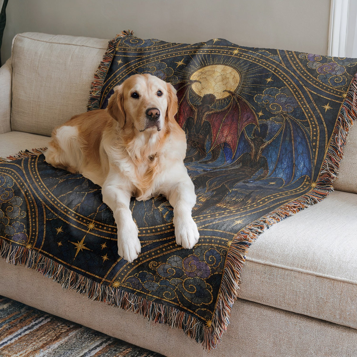 Illyrian Trio Stained Glass Woven Throw Blanket on a sofa with a dog