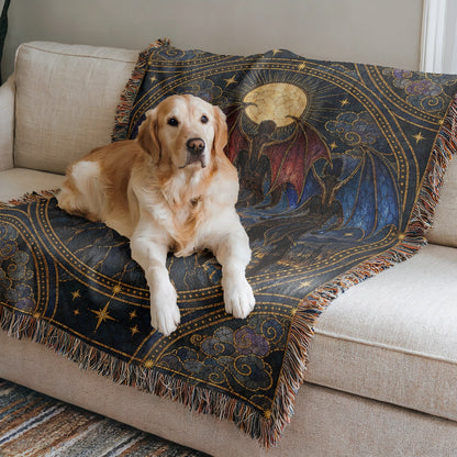 Illyrian Trio Stained Glass Woven Throw Blanket on a sofa with a dog