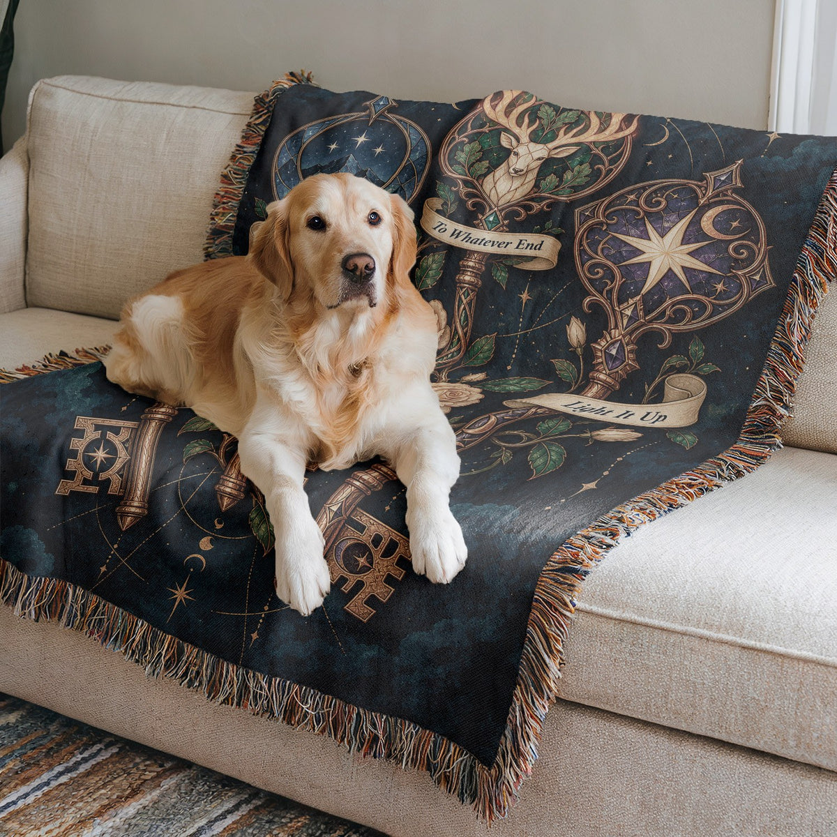 Bookish Maasverse Woven Throw Blanket on a sofa with a dog