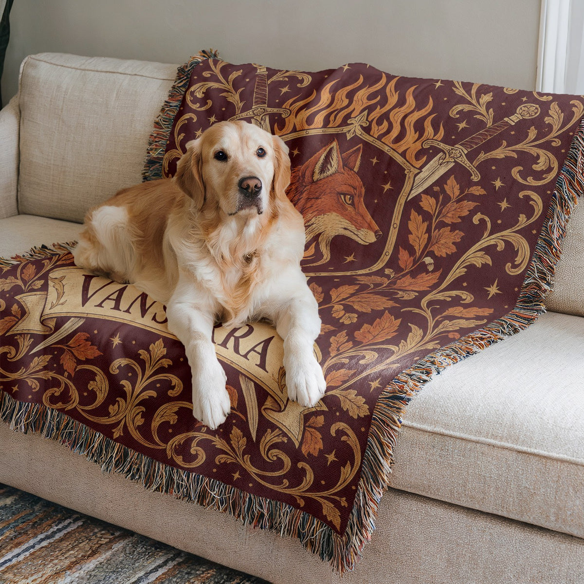 Vanserra Crest Woven Throw Blanket on a sofa with a dog