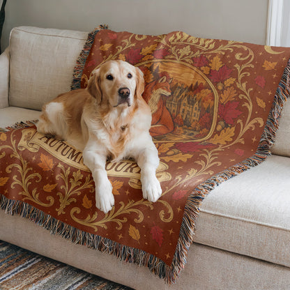 Autumn Court Fox Crest Woven Throw Blanket on a sofa with a dog