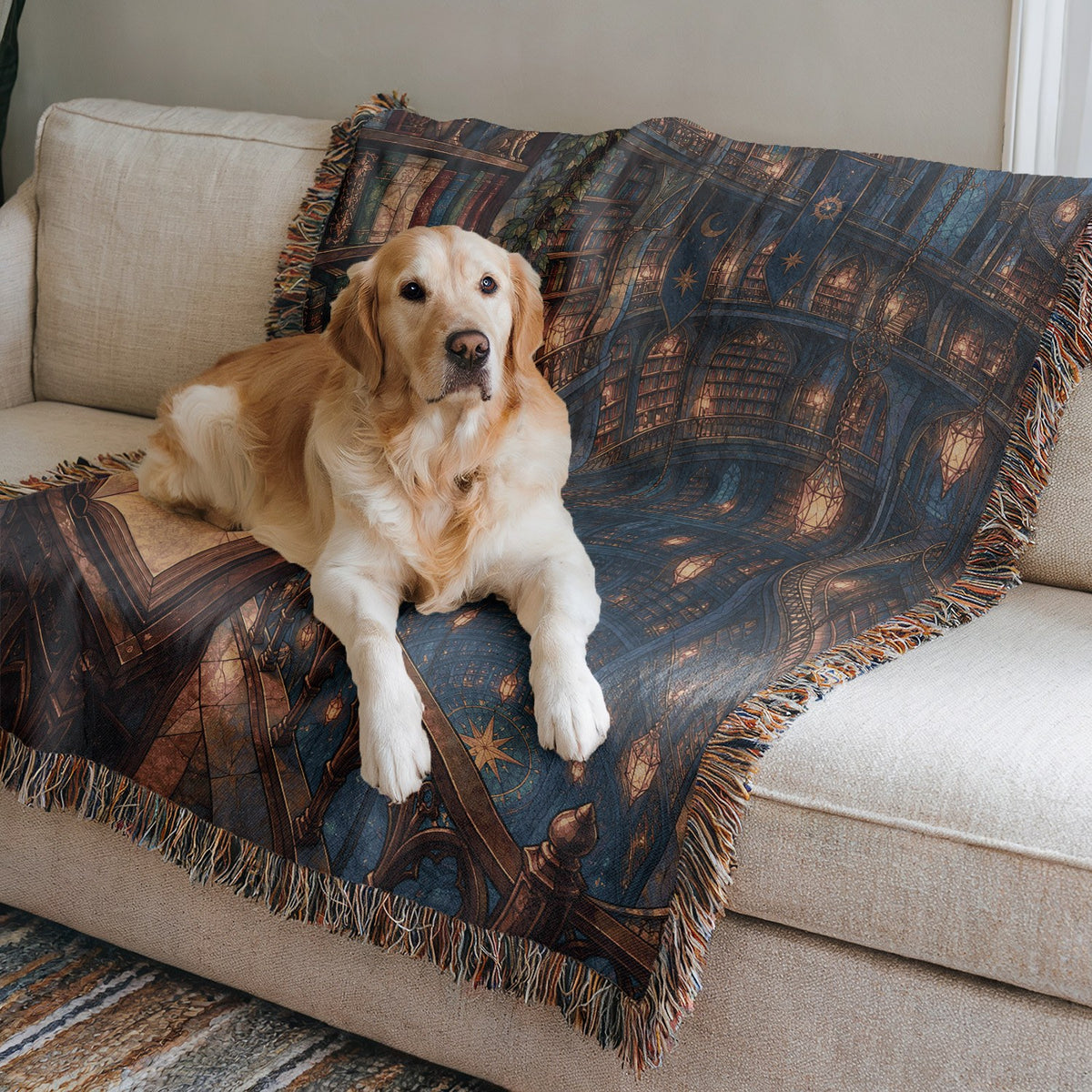 Midnight House of Wind Woven Throw Blanket on a sofa with a dog